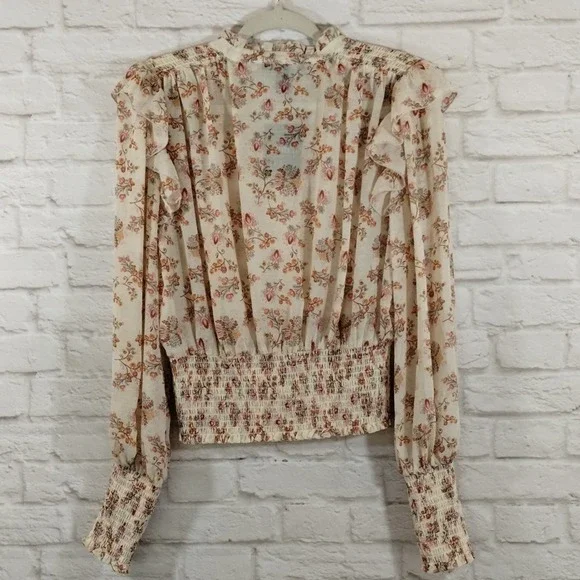 O Forever 21 Cream Wildflower Neck Tie Smocked Cropped Long Sleeve Top NWT M - Picture 11 of 13